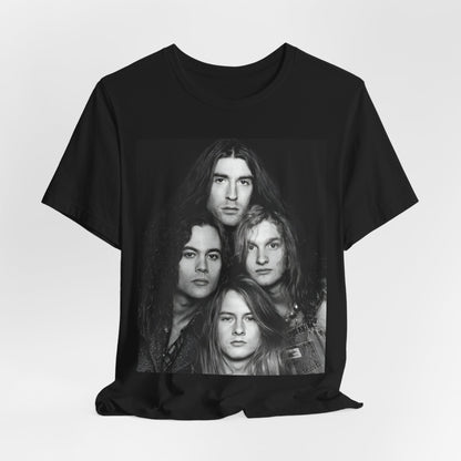 A black graphic t-shirt featuring a black and white graphic related to Alice In Chains' 90s 'Facelift' album era, possibly with band members in a stylized design.