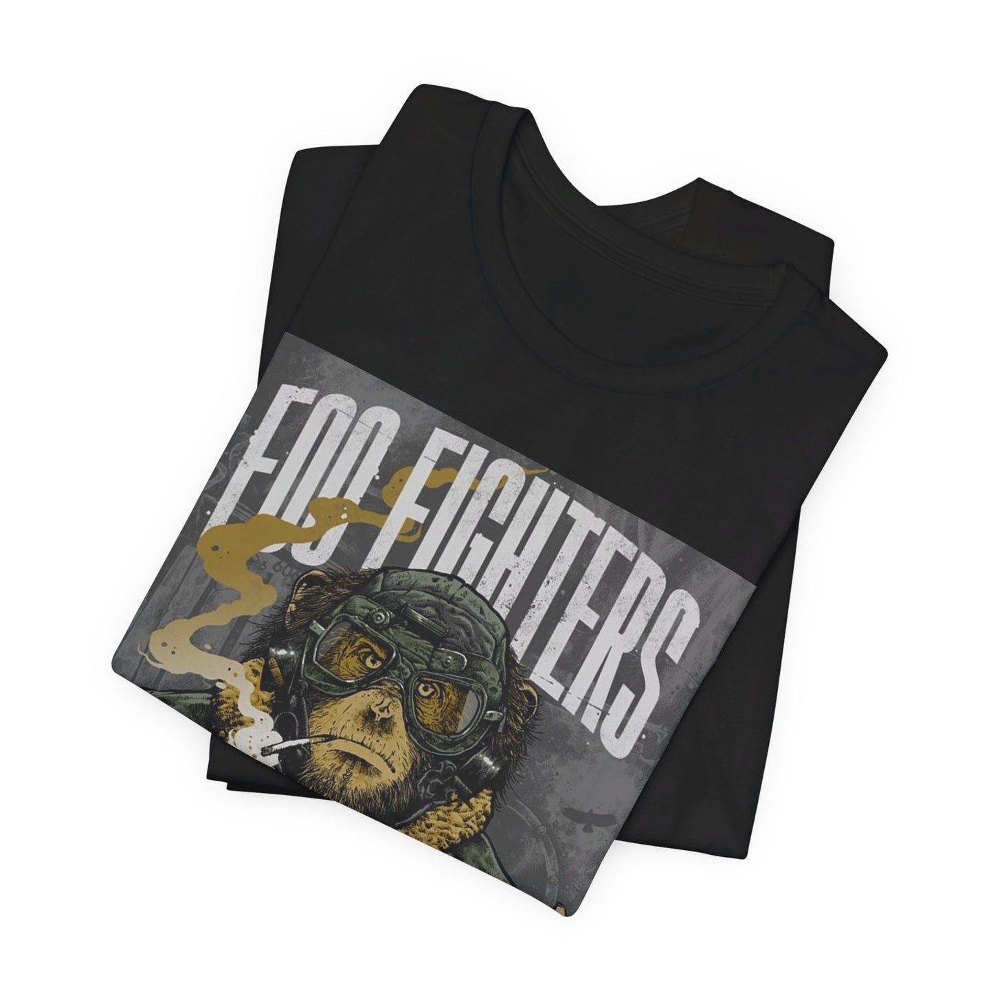 A black graphic t-shirt featuring an aesthetic graphic of a monkey related to Foo Fighters.