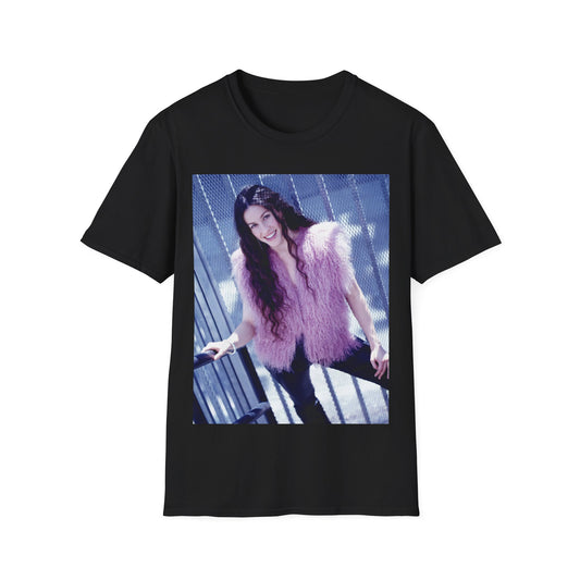 A black graphic t-shirt featuring a vintage 90s-style graphic of Alanis Morissette, possibly with distressed effects or artistic filters.