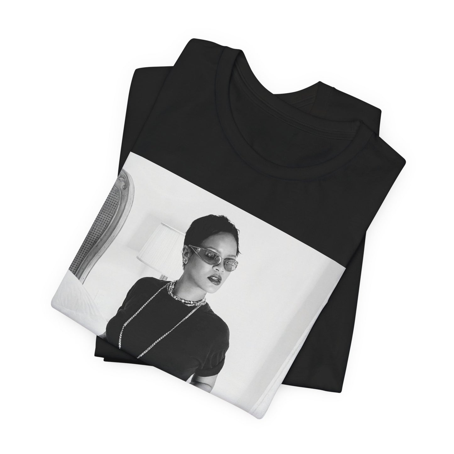 A black graphic t-shirt featuring a black and white graphic related to Rihanna's 'Diamonds' song or era.