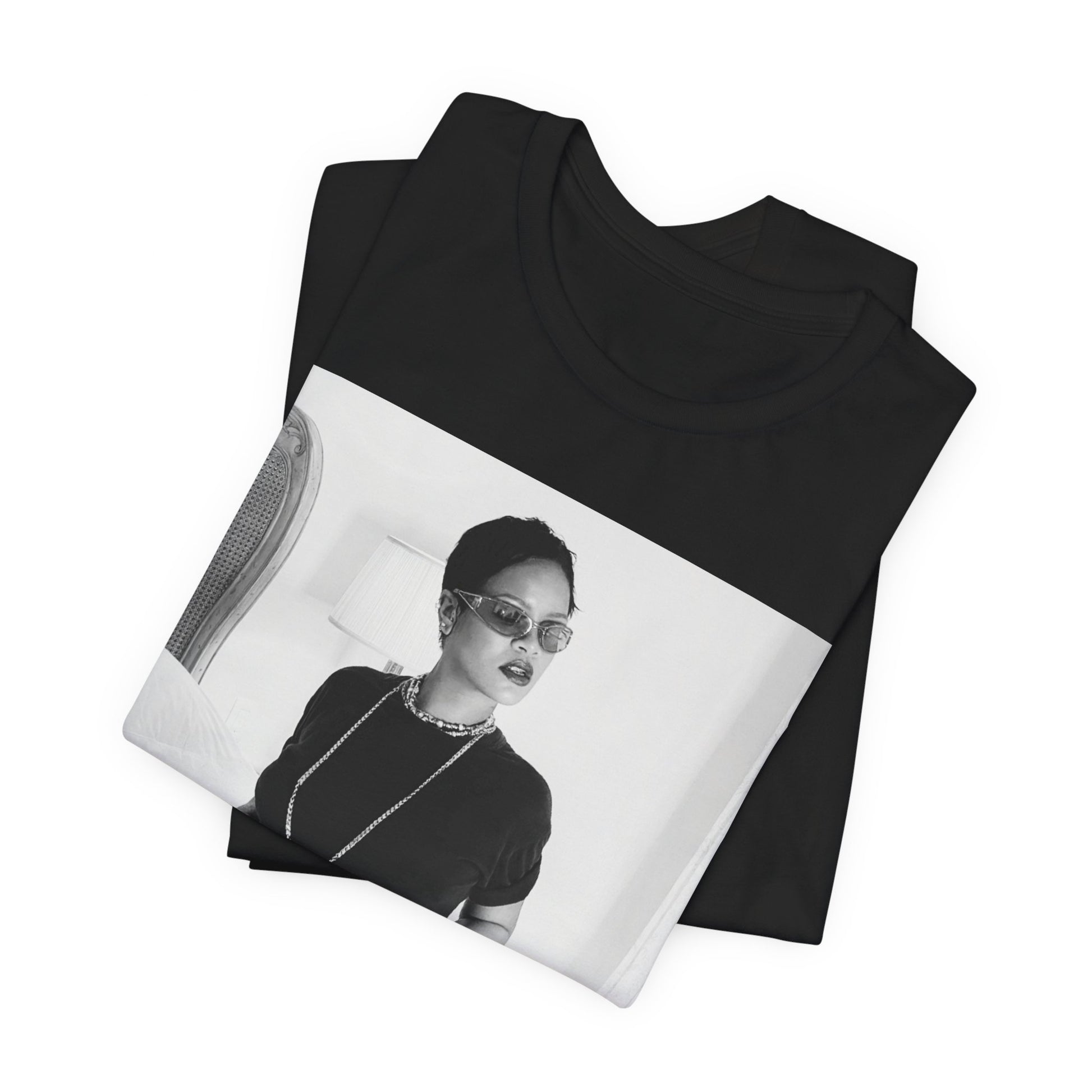A black graphic t-shirt featuring a black and white graphic related to Rihanna's 'Diamonds' song or era.