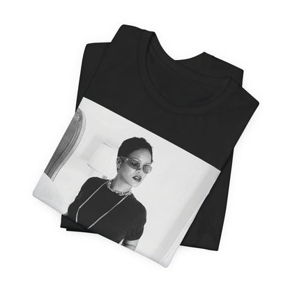 A black graphic t-shirt featuring a black and white graphic related to Rihanna's 'Diamonds' song or era.