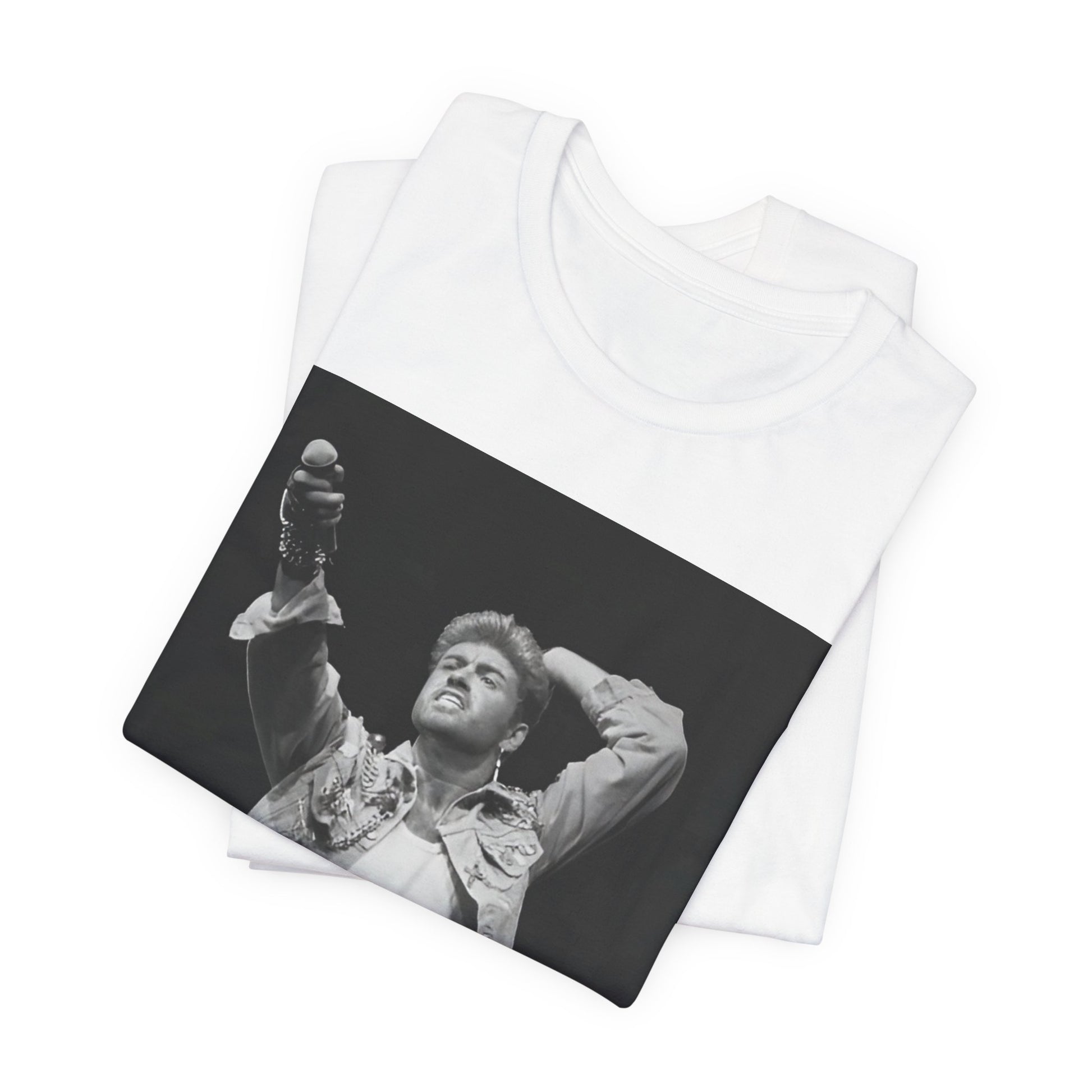 A black graphic t-shirt featuring a graphic or photo of George Michael performing live on stage.
