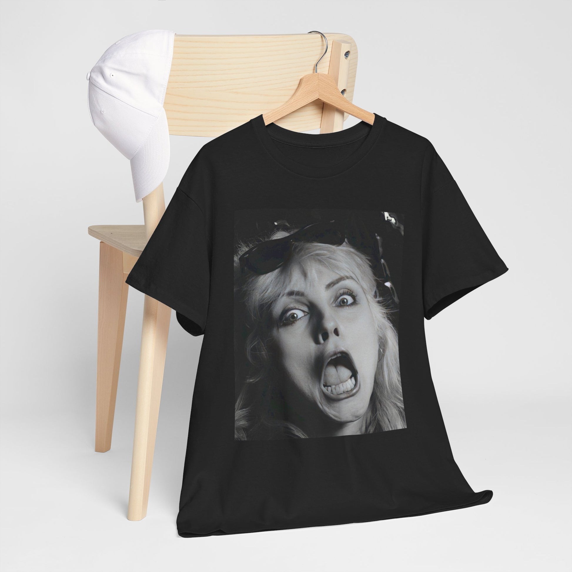 A black graphic t-shirt featuring a retro pop-style graphic of Debbie Harry from Blondie.