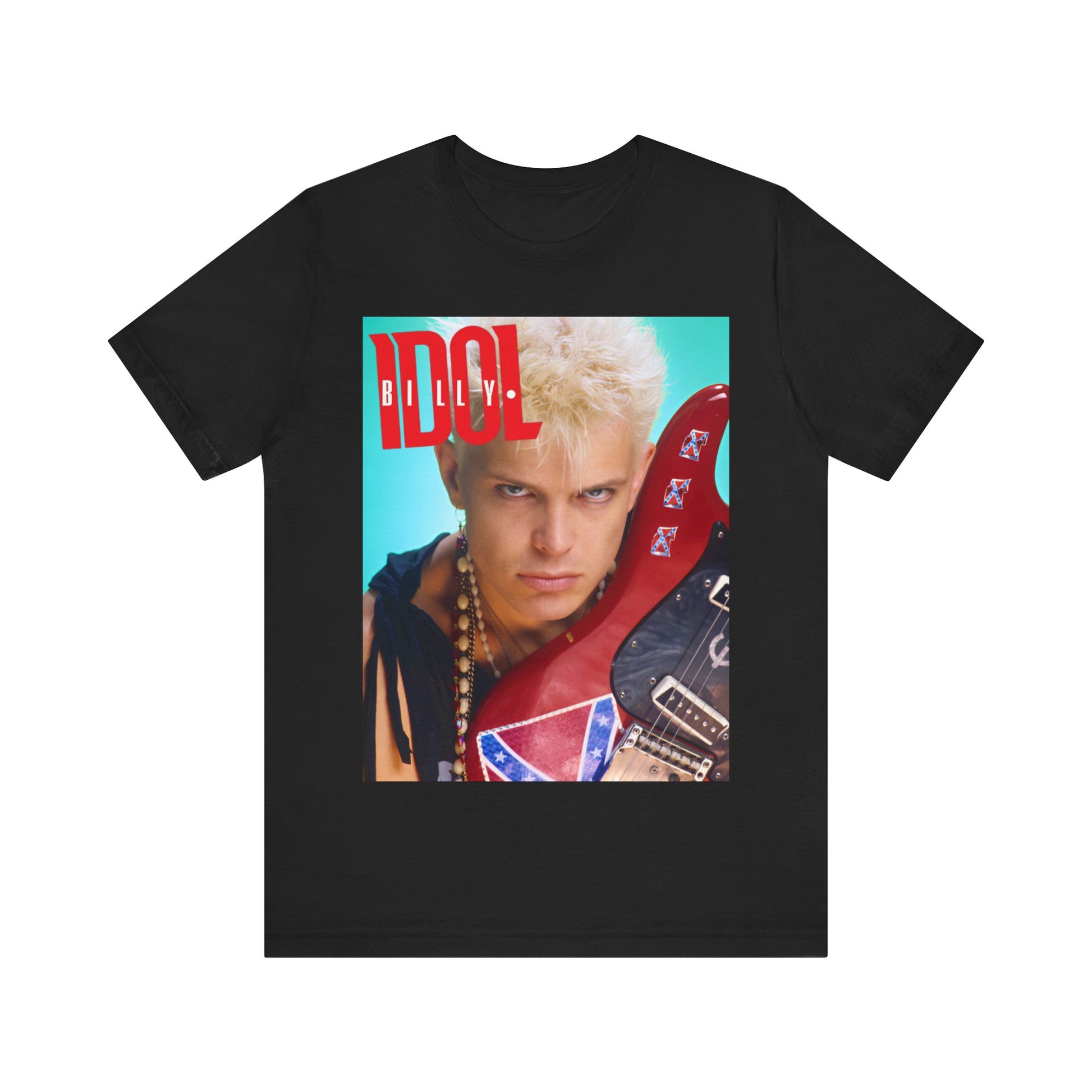 A black graphic t-shirt featuring a retro 80s graphic related to Billy Idol's 'Don't Stop' era or song.