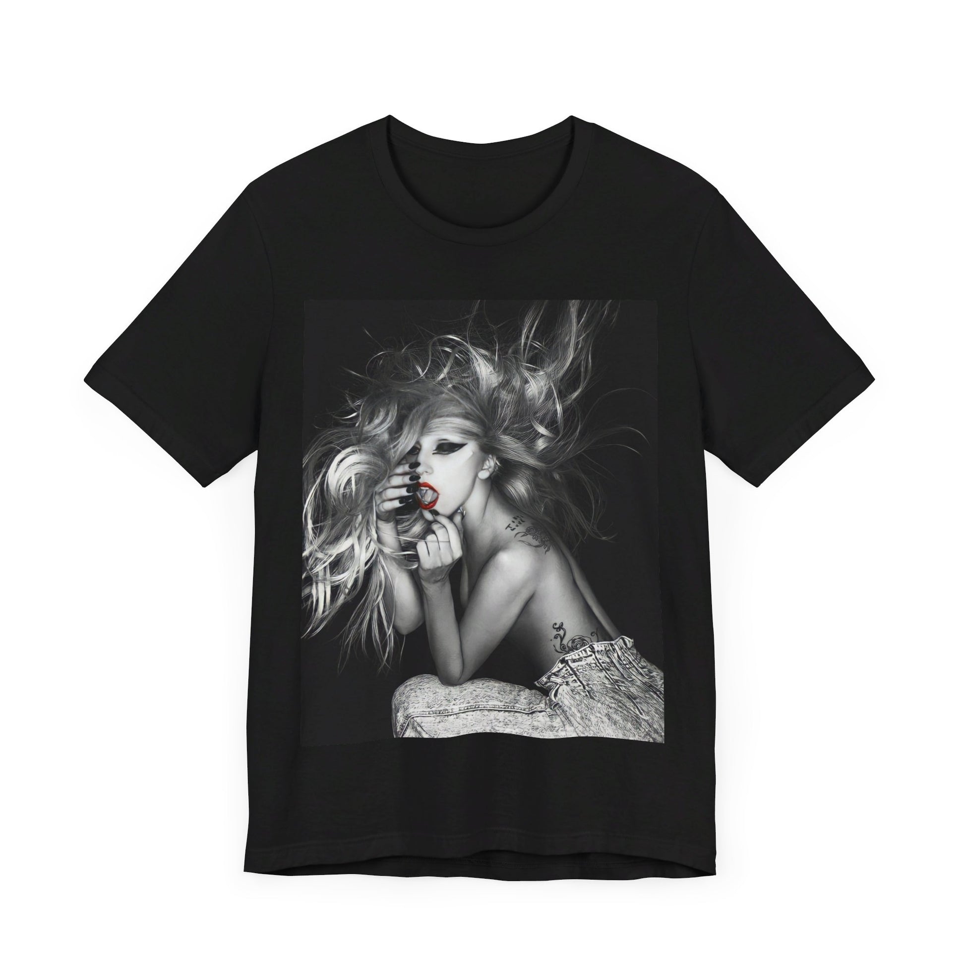 A black graphic t-shirt featuring an iconic graphic related to Lady Gaga's 'Bad Romance' era.