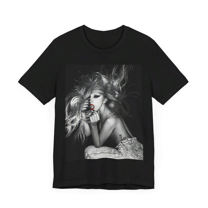 A black graphic t-shirt featuring an iconic graphic related to Lady Gaga's 'Bad Romance' era.