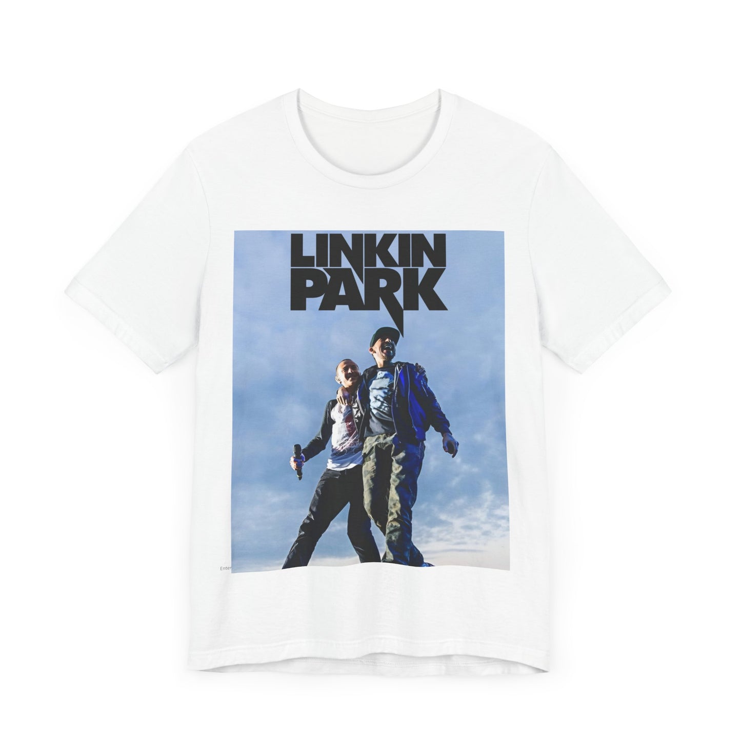 A black graphic t-shirt featuring a retro graphic related to Linkin Park's 'Hybrid Theory' album era.