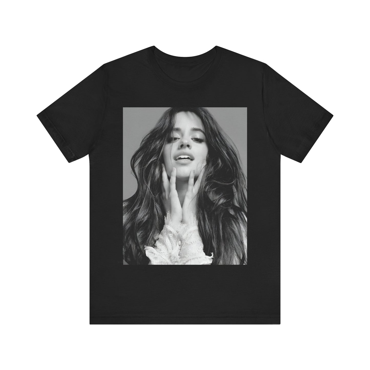 A black graphic t-shirt featuring a black and white portrait photo of Camila Cabello.