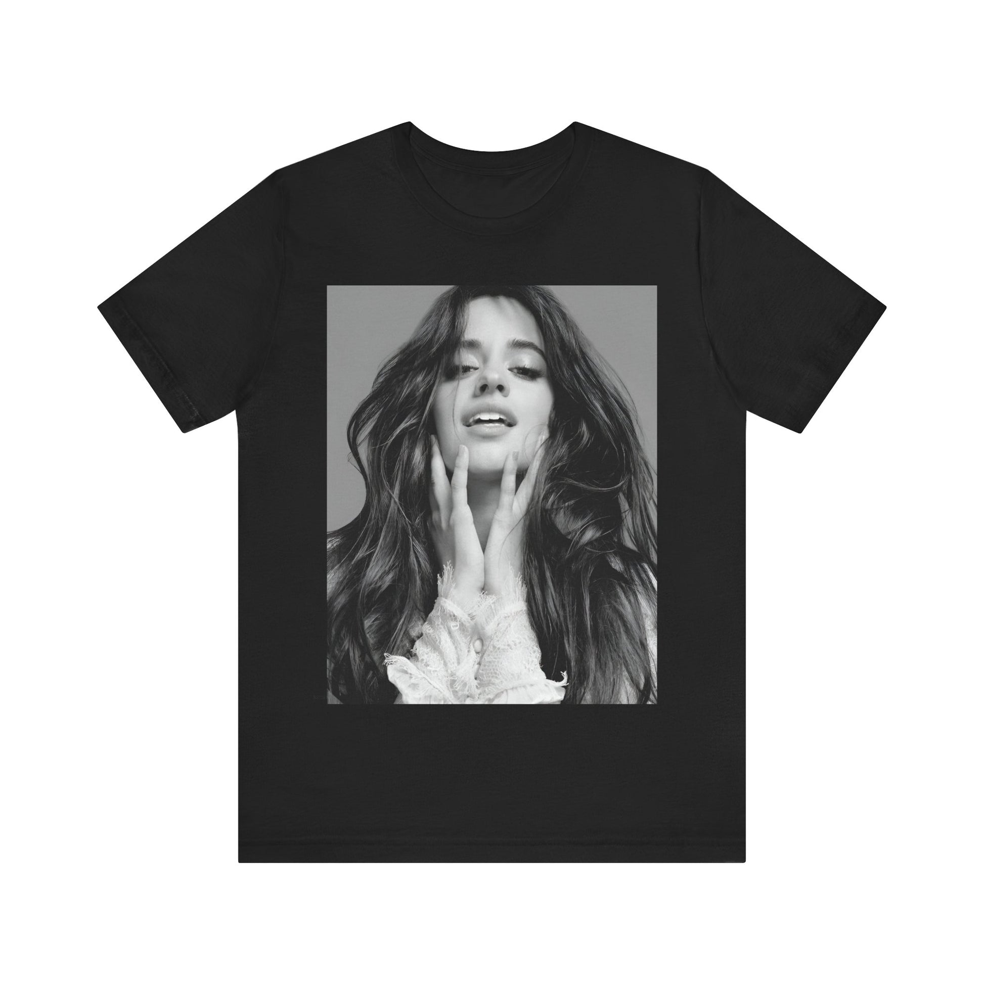 A black graphic t-shirt featuring a black and white portrait photo of Camila Cabello.