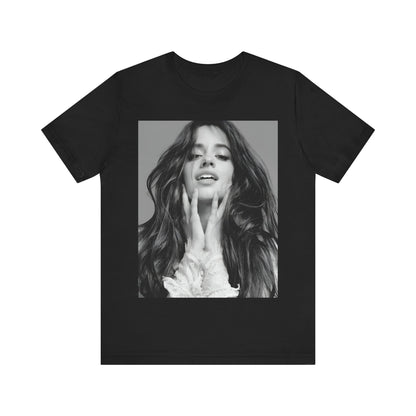 A black graphic t-shirt featuring a black and white portrait photo of Camila Cabello.