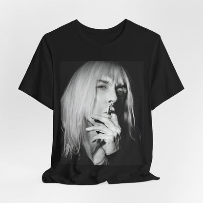 A black graphic t-shirt featuring a black and white graphic or photo of Iggy Pop holding a cigar.