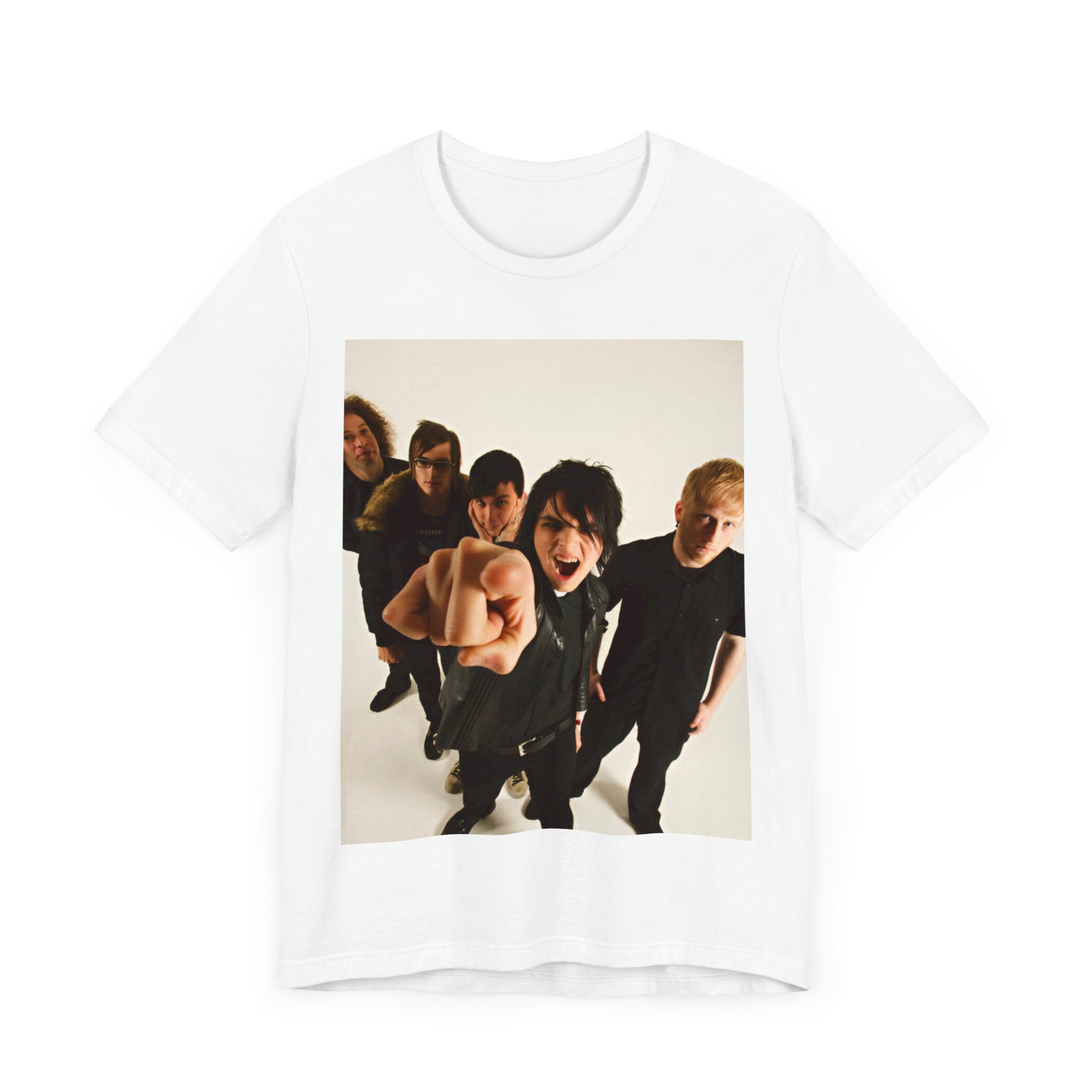 A black graphic t-shirt featuring a retro rock graphic of My Chemical Romance.