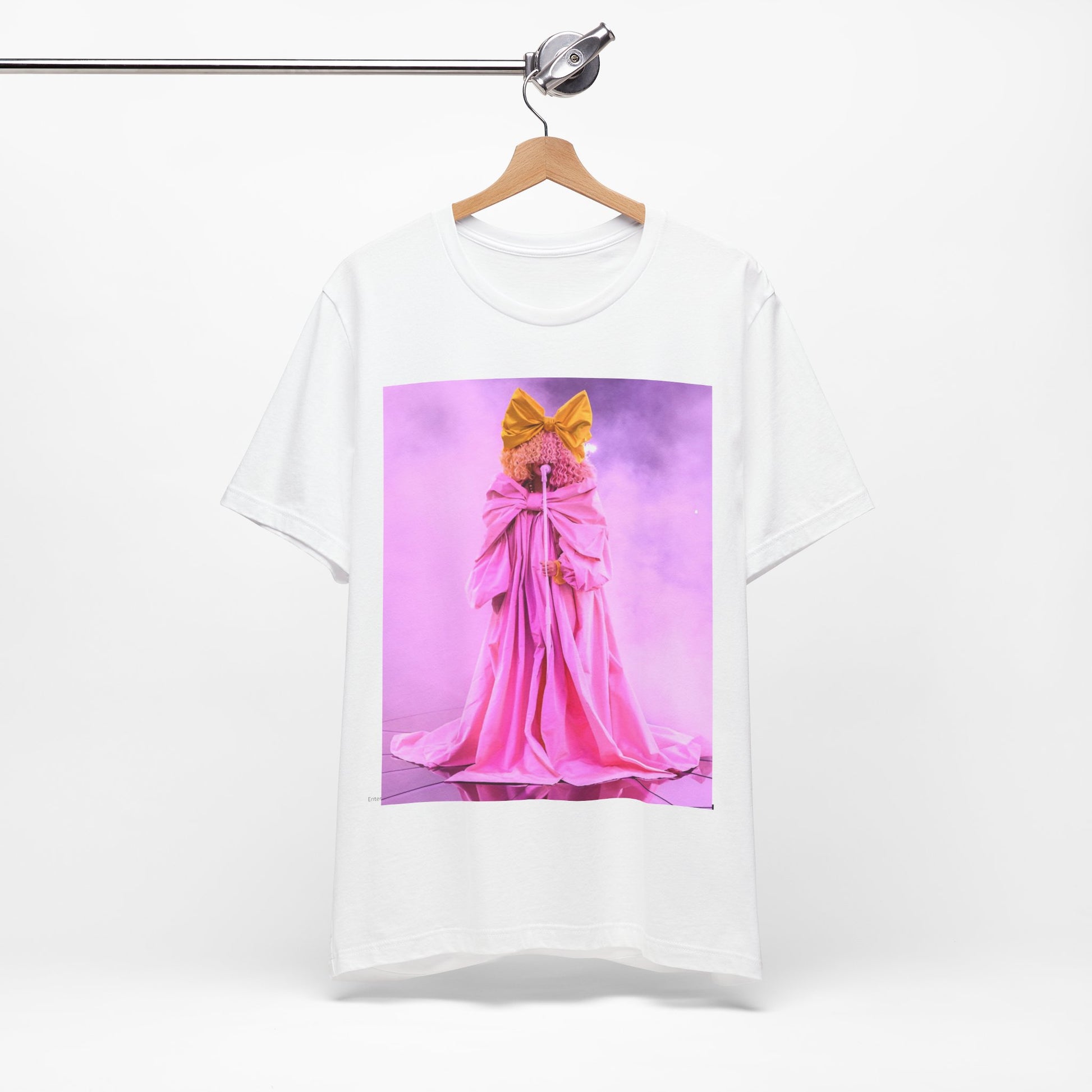 A black graphic t-shirt featuring a graphic related to Sia's 'Chandelier' song or live era.
