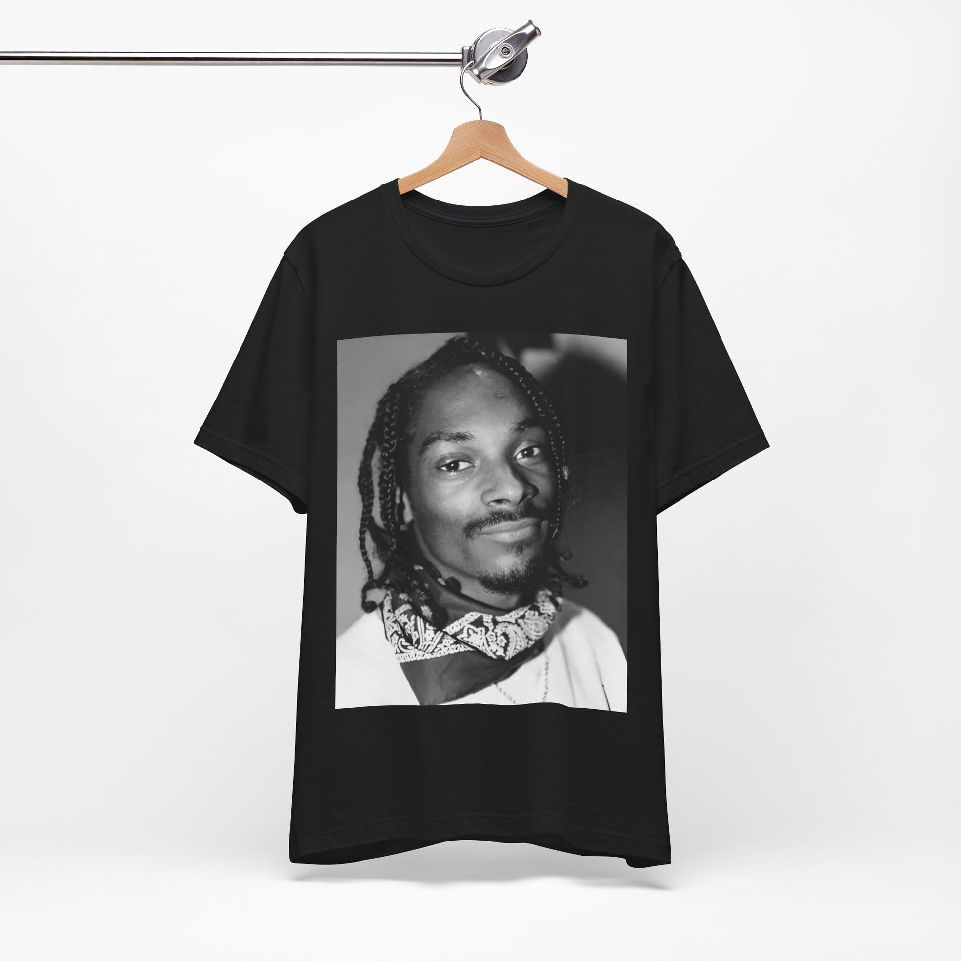 A black graphic t-shirt featuring a modern rap essential graphic of Snoop Dogg.