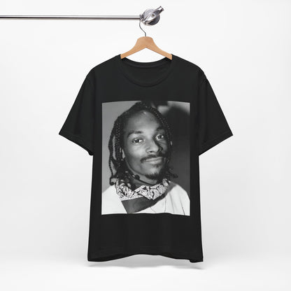 A black graphic t-shirt featuring a modern rap essential graphic of Snoop Dogg.