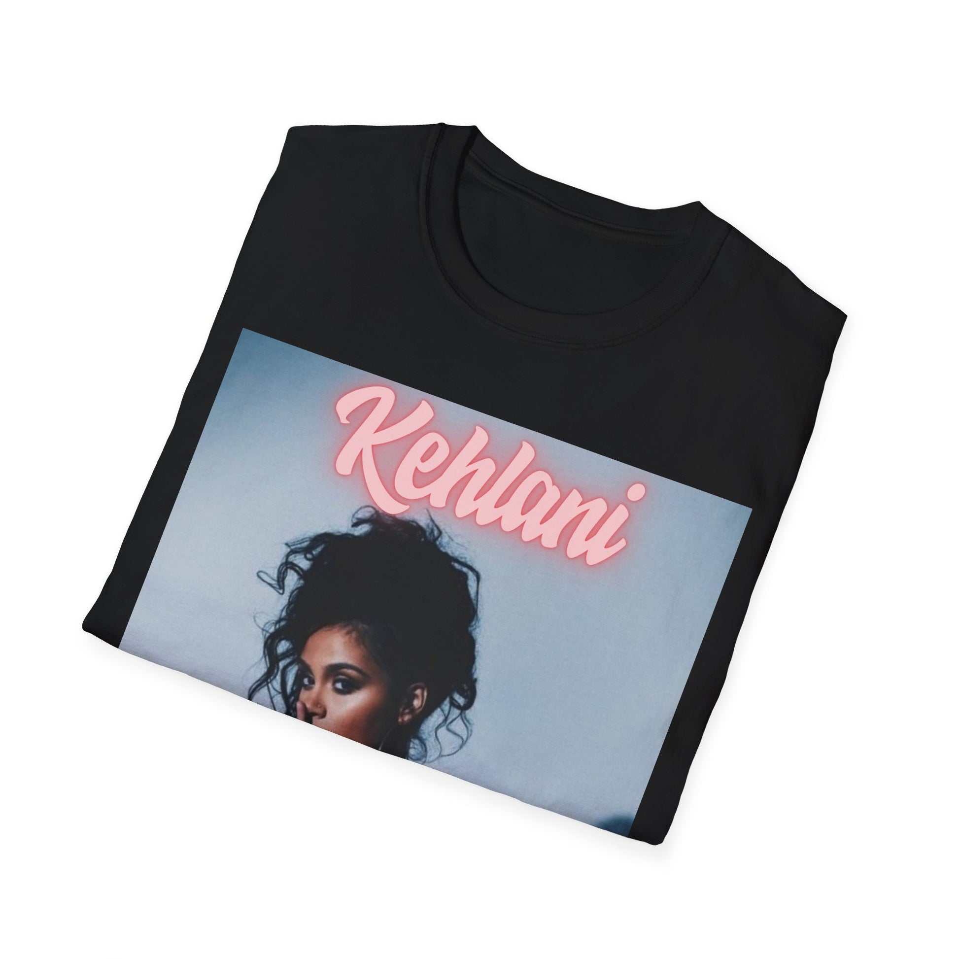 A black graphic t-shirt featuring a vintage R&B soul graphic of Kehlani.