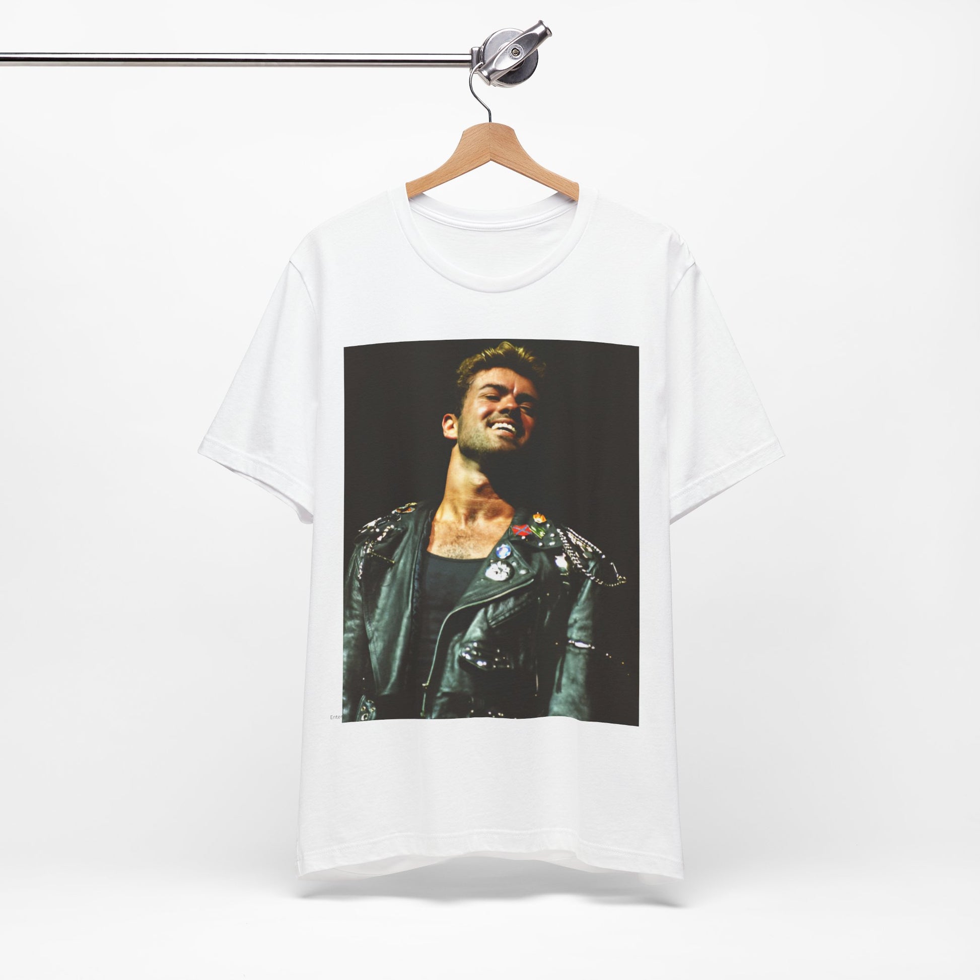 A black graphic t-shirt featuring a graphic related to George Michael's 'Careless Whisper' song or era.