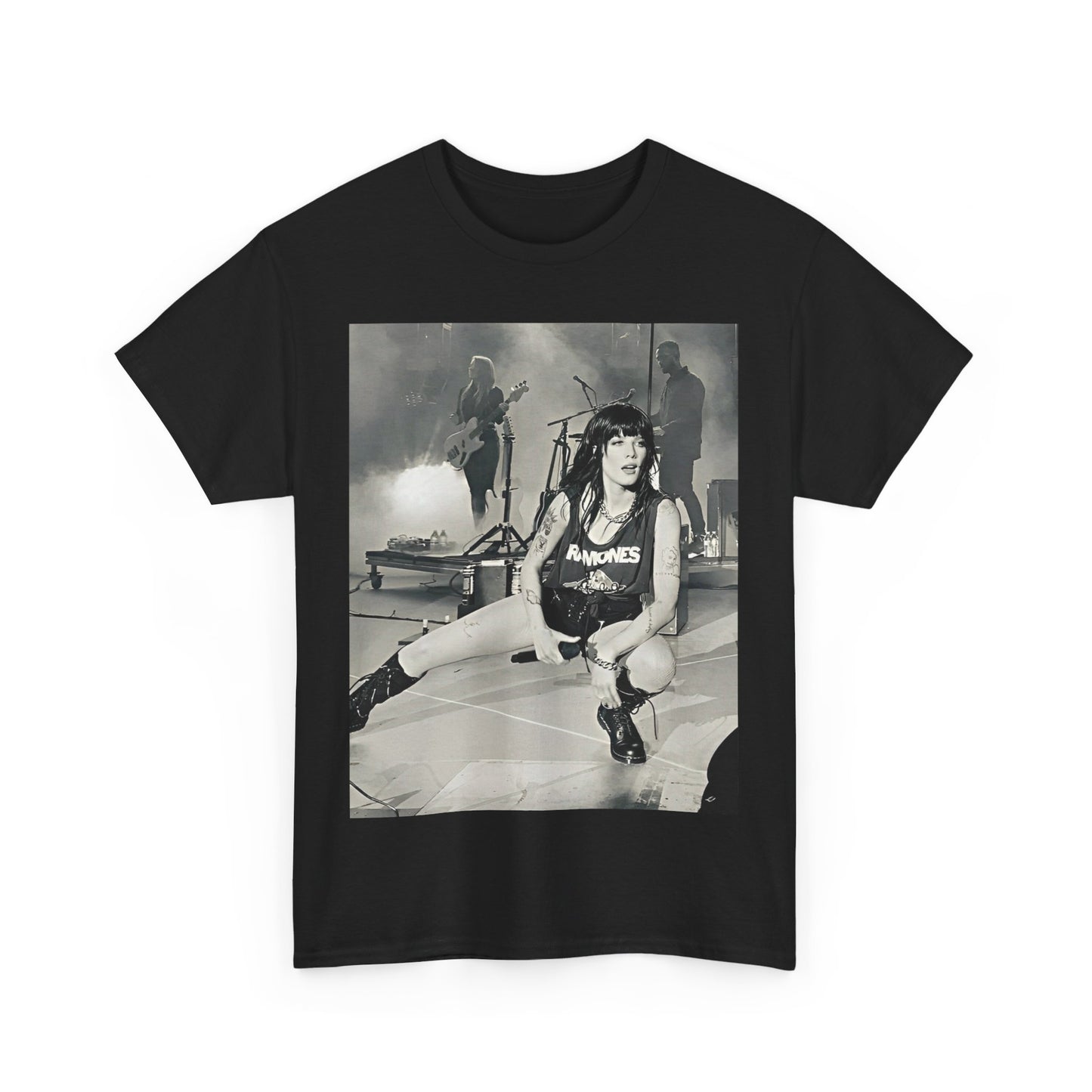 A black graphic t-shirt featuring a black and white graphic or photo of Halsey performing live in concert.