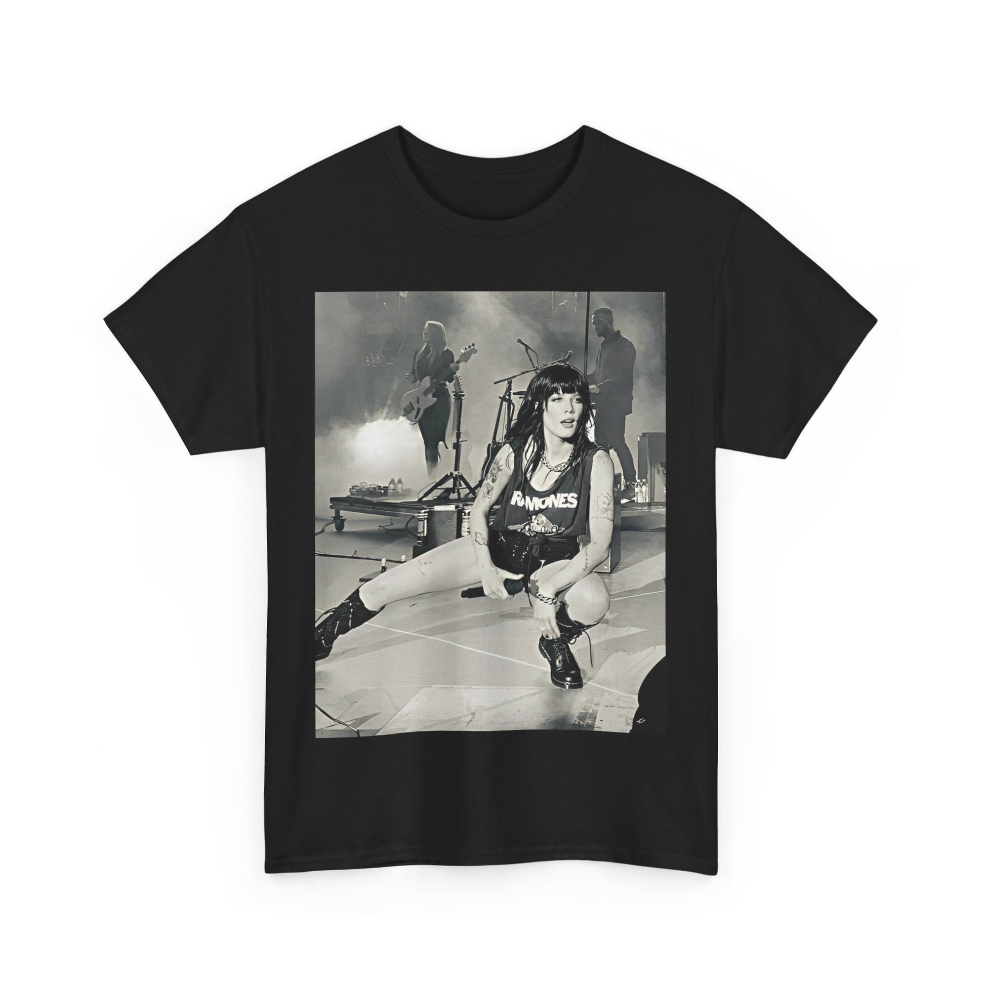 A black graphic t-shirt featuring a black and white graphic or photo of Halsey performing live in concert.