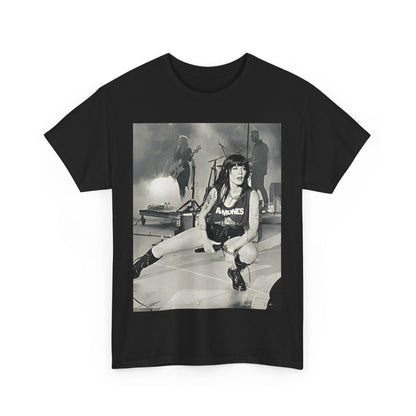 A black graphic t-shirt featuring a black and white graphic or photo of Halsey performing live in concert.