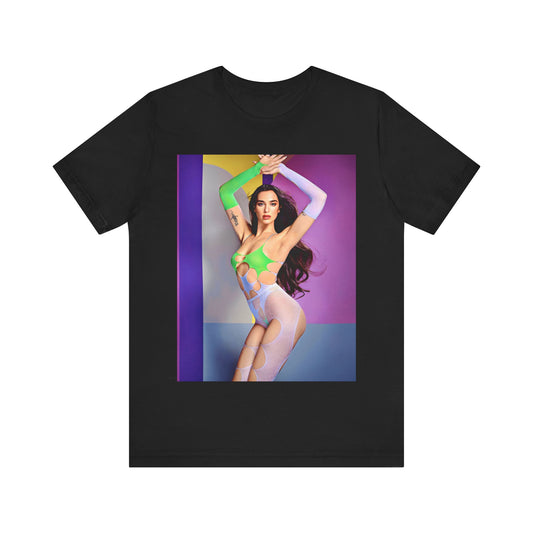 A black graphic t-shirt featuring a casual graphic related to Dua Lipa's "Future Nostalgia" era.