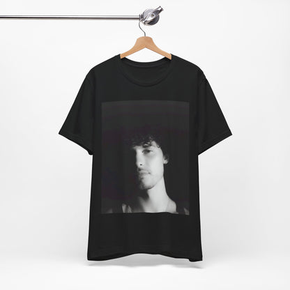 A black graphic t-shirt featuring a black and white portrait photo of Shawn Mendes.