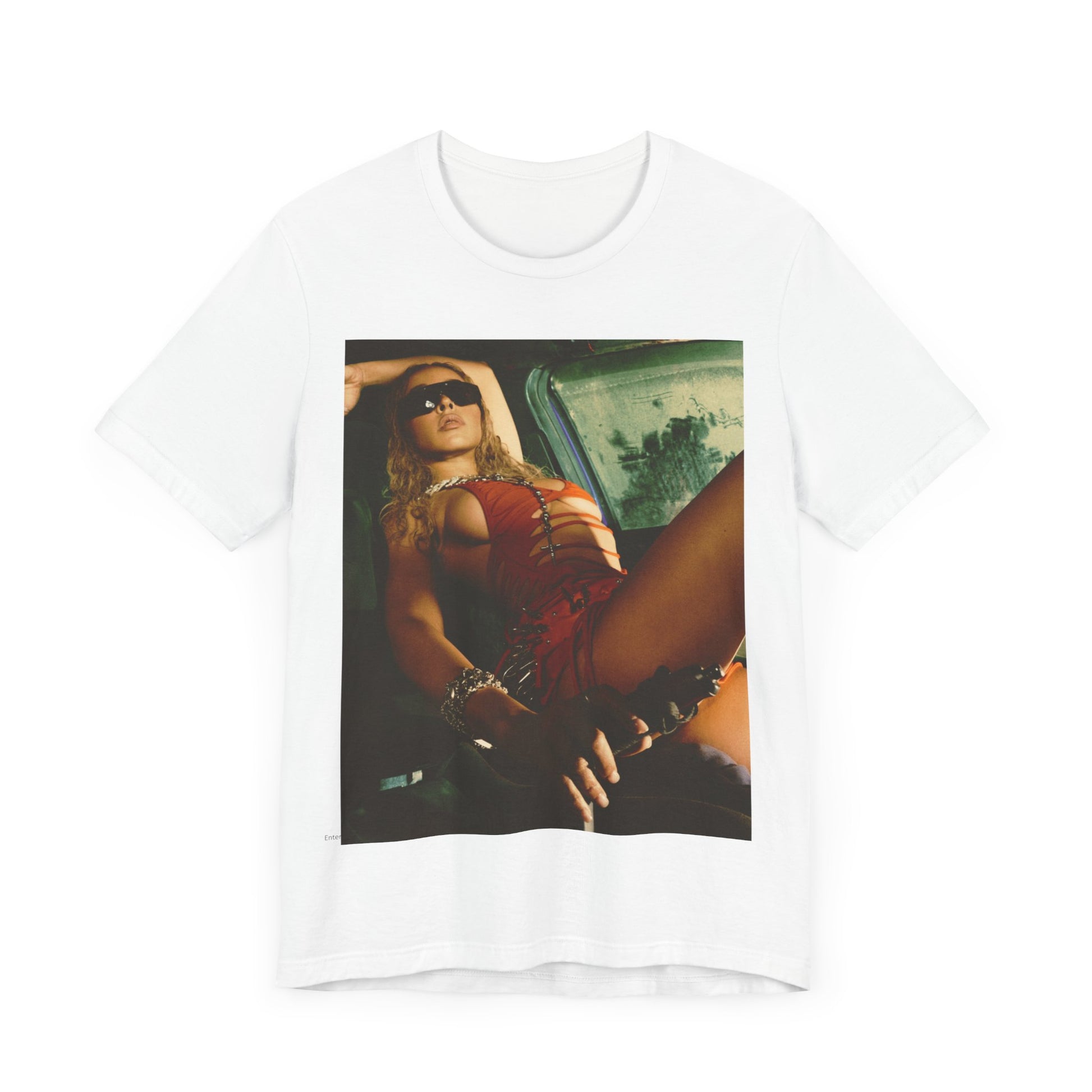 A black graphic t-shirt featuring a graphic of Tinashe as a hot R&B superstar.