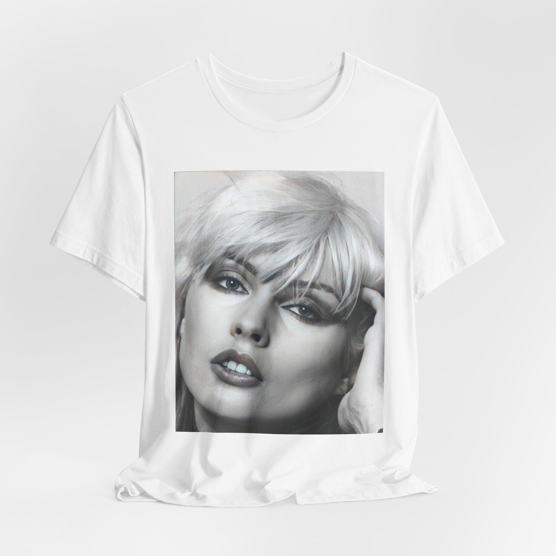 A black graphic t-shirt featuring an iconic black and white portrait photo of Debbie Harry from Blondie.