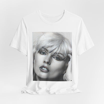 A black graphic t-shirt featuring an iconic black and white portrait photo of Debbie Harry from Blondie.