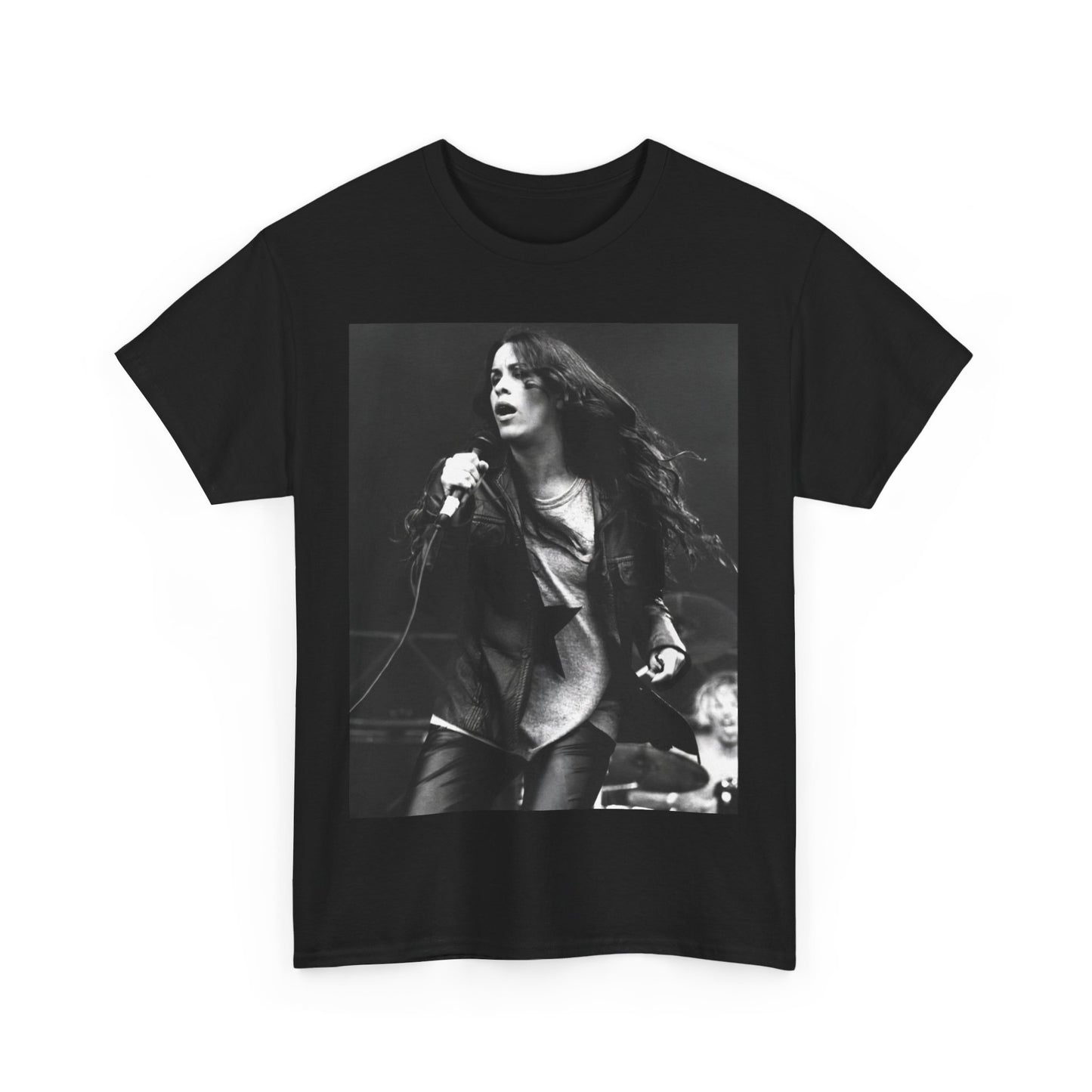 A black graphic t-shirt featuring a 90s-style concert graphic of Alanis Morissette, related to her "Jagged Little Pill" era tours.
