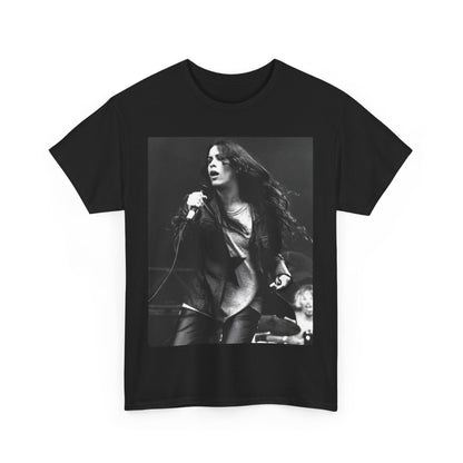 A black graphic t-shirt featuring a 90s-style concert graphic of Alanis Morissette, related to her "Jagged Little Pill" era tours.