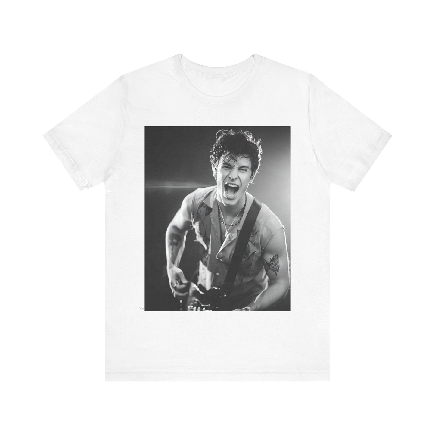 A black graphic t-shirt featuring a black and white photo of Shawn Mendes, emphasizing his charm.