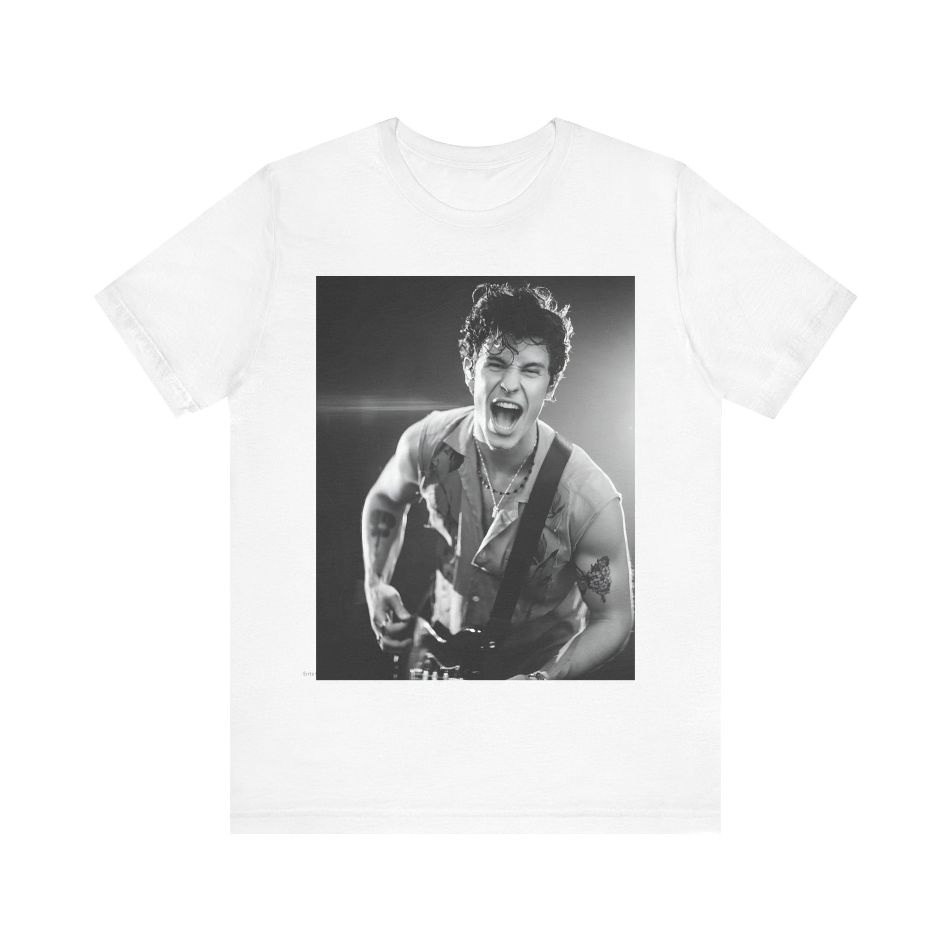 A black graphic t-shirt featuring a black and white photo of Shawn Mendes, emphasizing his charm.