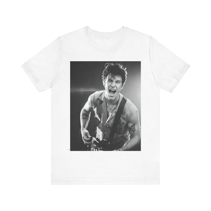 A black graphic t-shirt featuring a black and white photo of Shawn Mendes, emphasizing his charm.