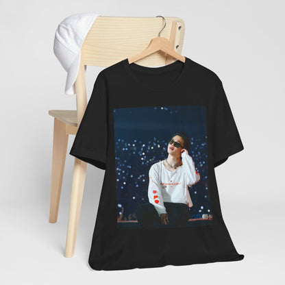 A black graphic t-shirt featuring a vintage aesthetic graphic related to Jimin's 'Lie' era.