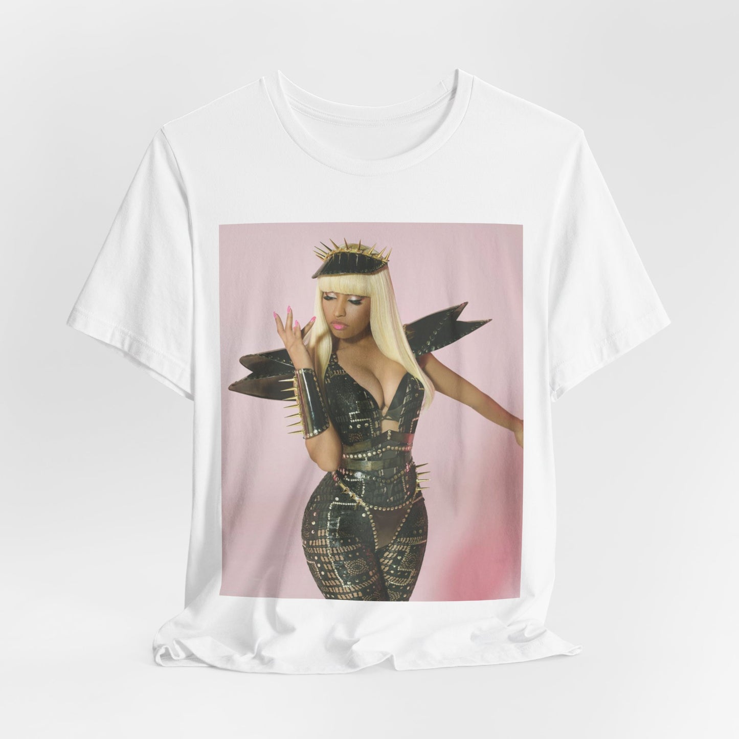 A black graphic t-shirt featuring a high fashion street vibe graphic of Nicki Minaj.