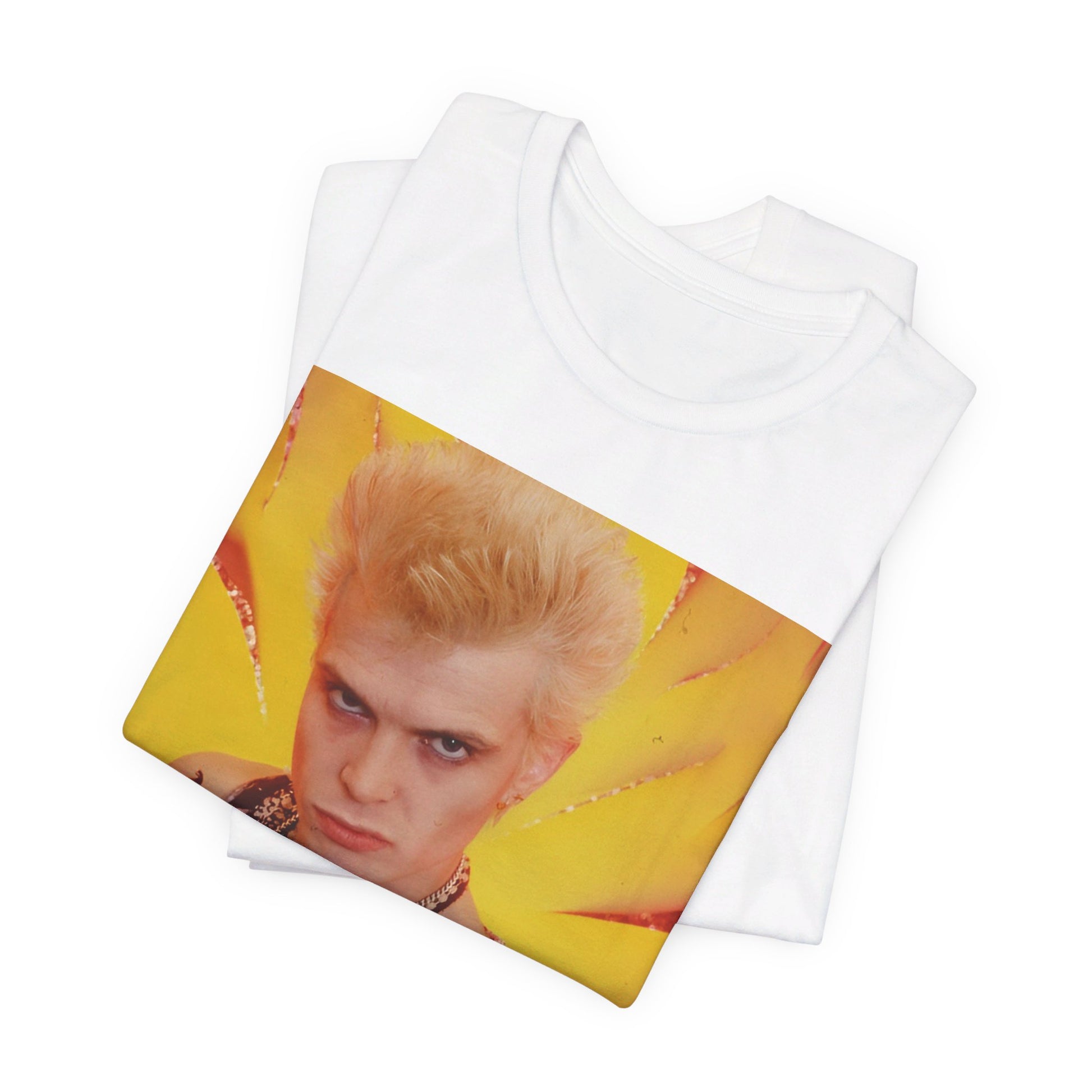 A black graphic t-shirt featuring an 80s old-school merchandise-style graphic of Billy Idol, possibly with stylized text or imagery.