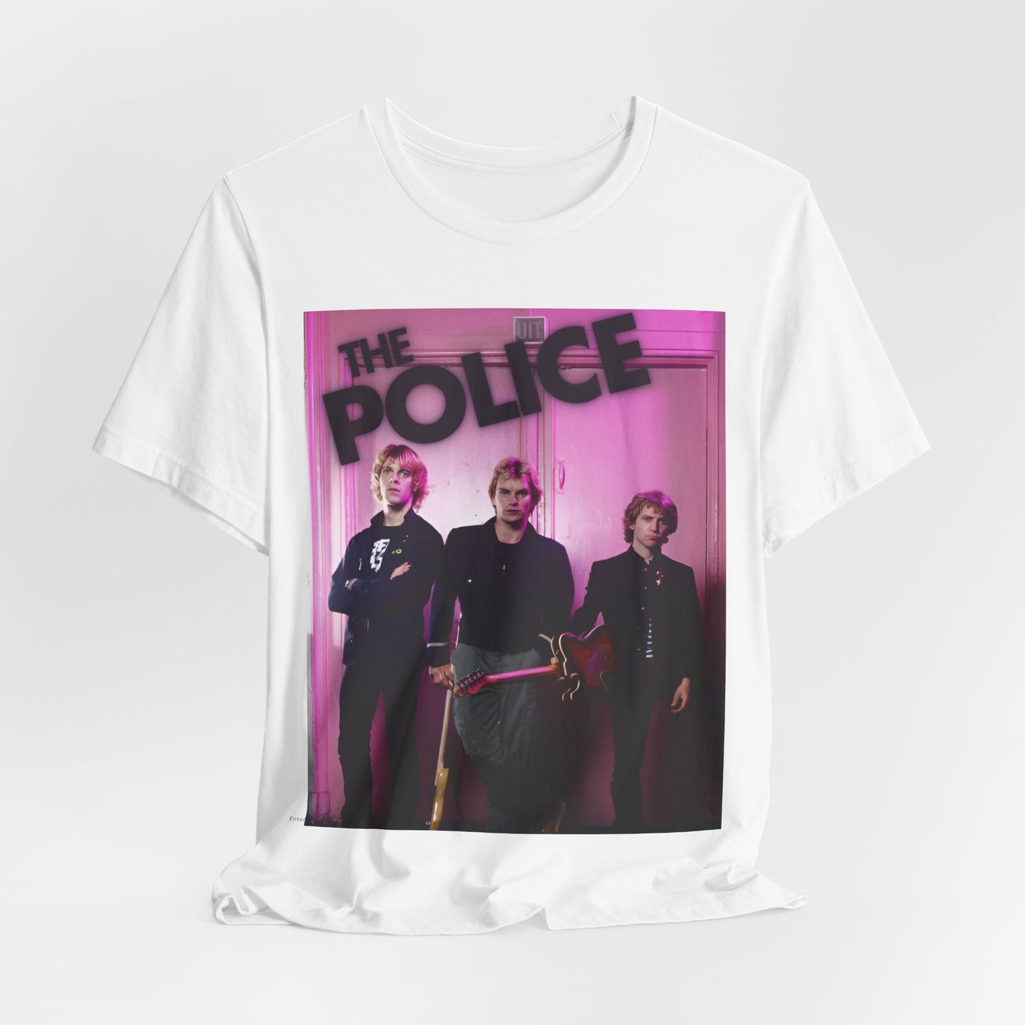 A black graphic t-shirt featuring a classic graphic related to The Police's 'Roxanne' song or era.