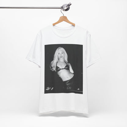 A black graphic t-shirt featuring a black and white portrait photo of Nessa Barrett.