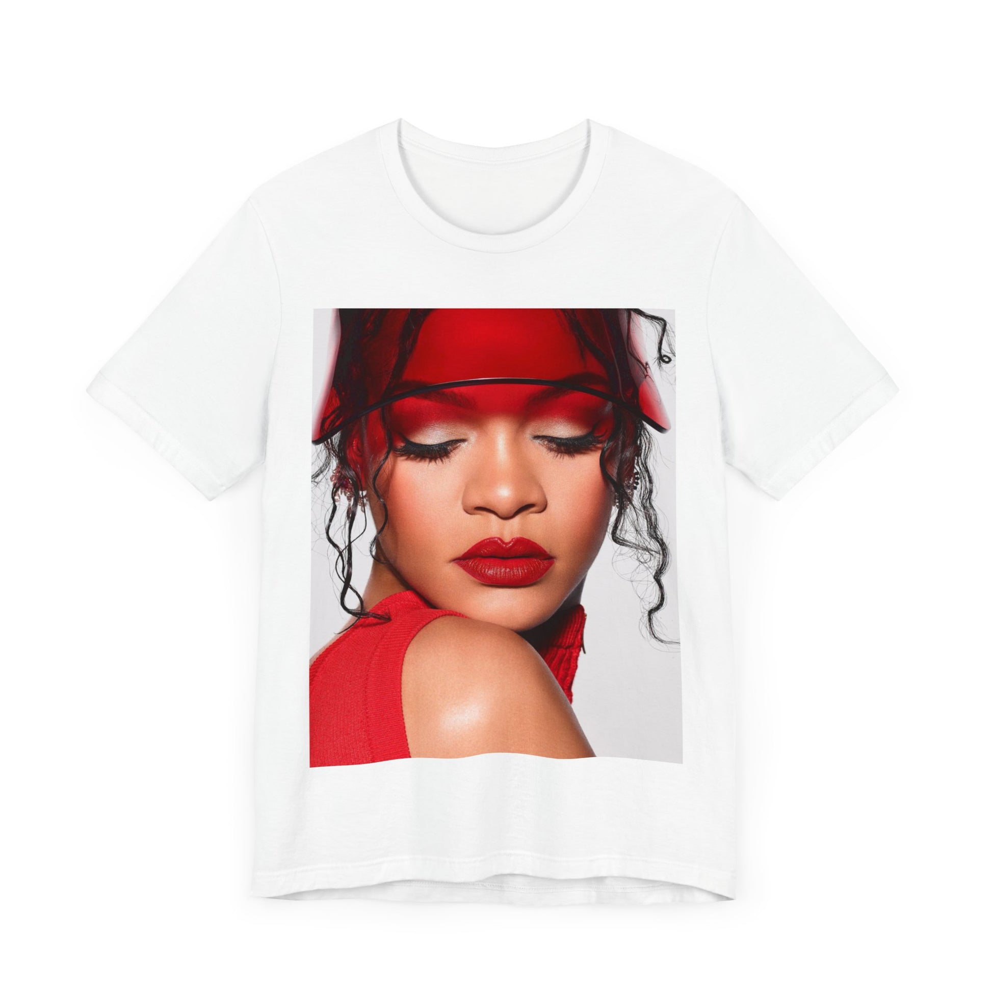 A black graphic t-shirt featuring a casual pop fan graphic of Rihanna.