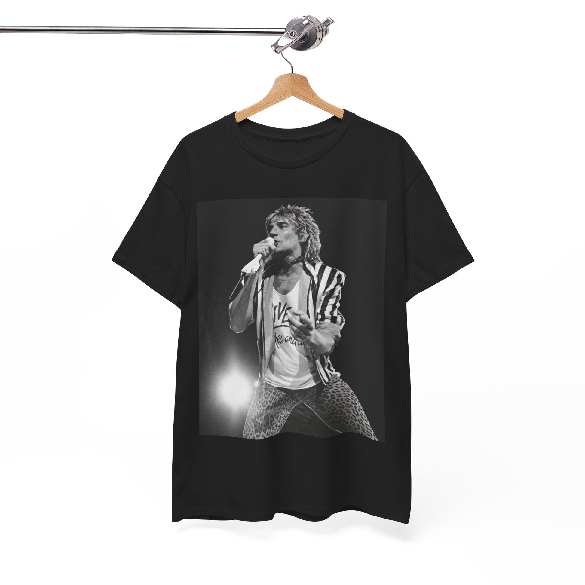 A black graphic t-shirt featuring a vintage graphic or photo of Rod Stewart performing live.