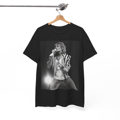 A black graphic t-shirt featuring a vintage graphic or photo of Rod Stewart performing live.