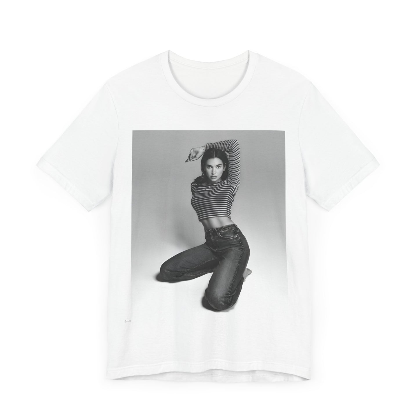 A black graphic t-shirt featuring a black and white photo of Dua Lipa in a posed manner.