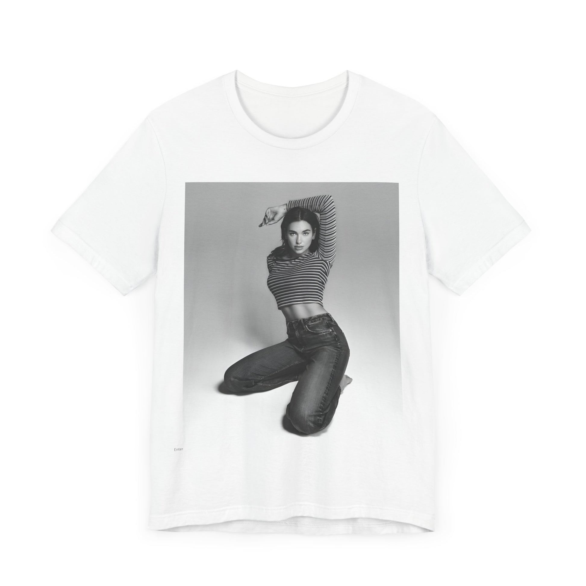 A black graphic t-shirt featuring a black and white photo of Dua Lipa in a posed manner.