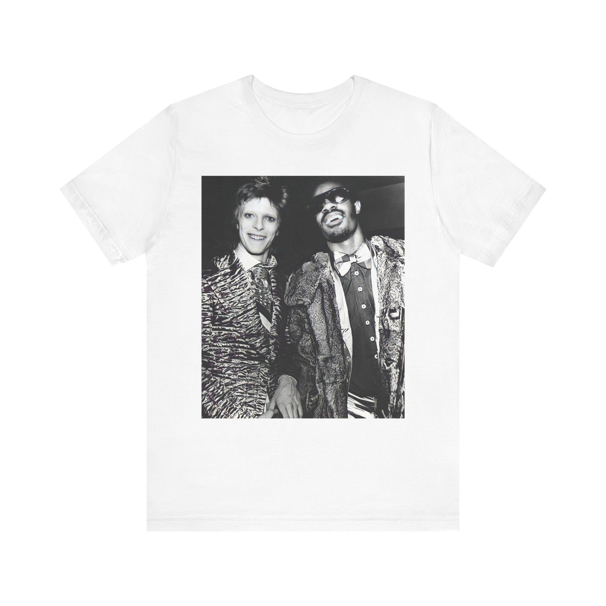 A black graphic t-shirt featuring a retro graphic of Stevie Wonder and David Bowie together.