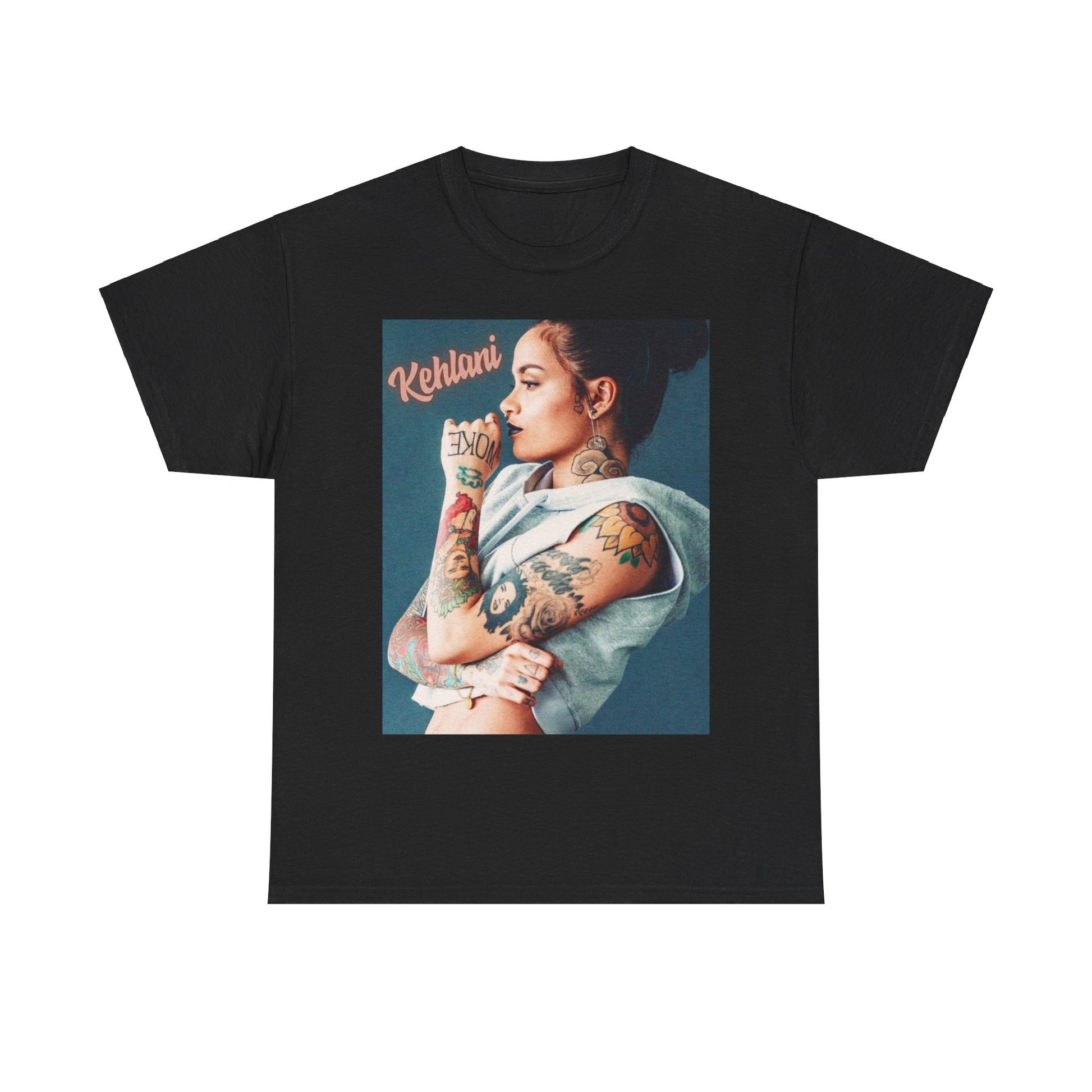 A black graphic t-shirt featuring a graphic related to Kehlani's 'Gangsta' song from the Suicide Squad era.