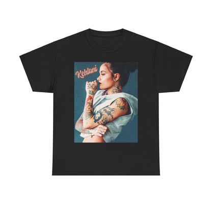 A black graphic t-shirt featuring a graphic related to Kehlani's 'Gangsta' song from the Suicide Squad era.