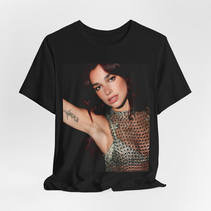 A black graphic t-shirt featuring a retro graphic inspired by Dua Lipa's "Don't Start Now" song.