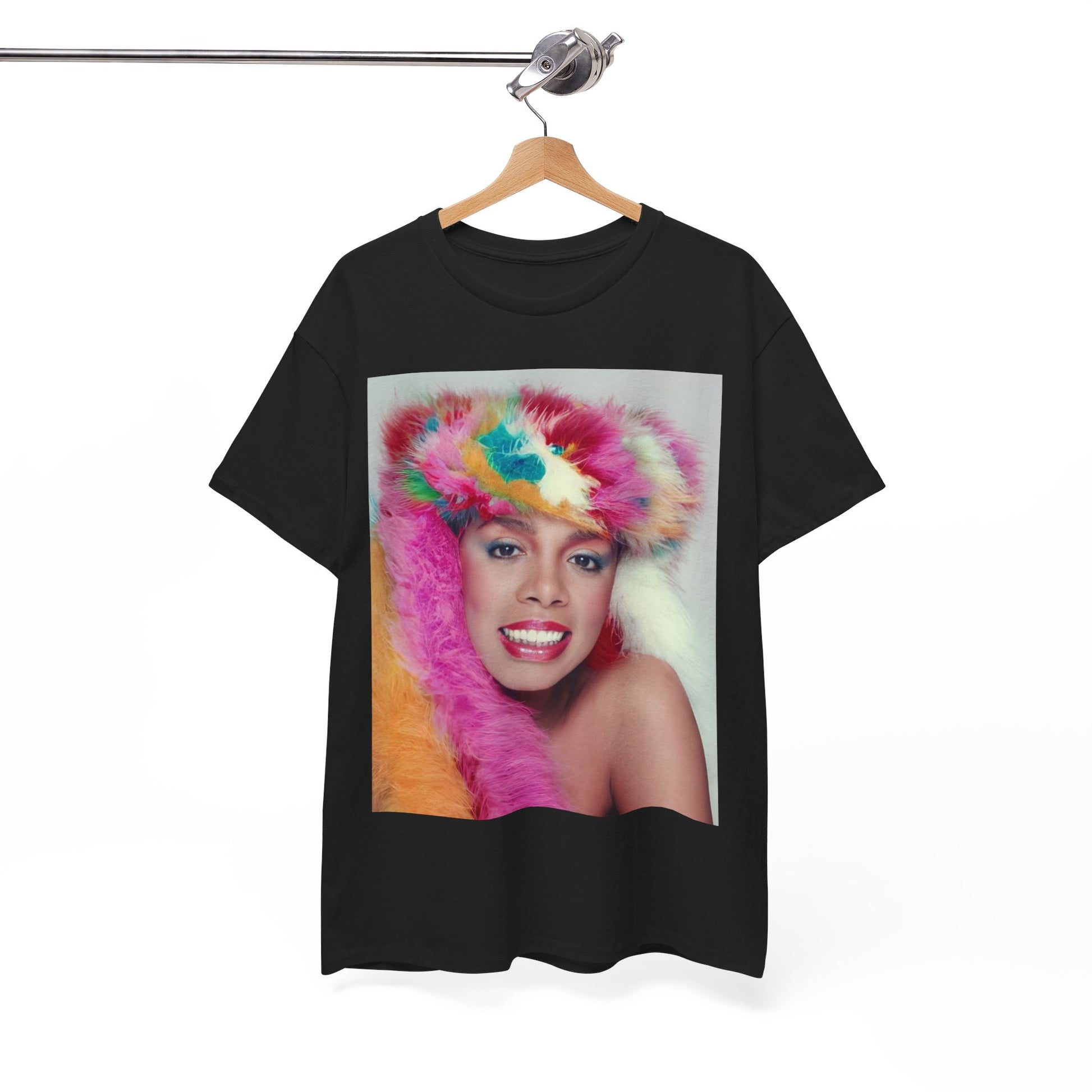 A black graphic t-shirt featuring a 70s disco pop graphic of Donna Summer.
